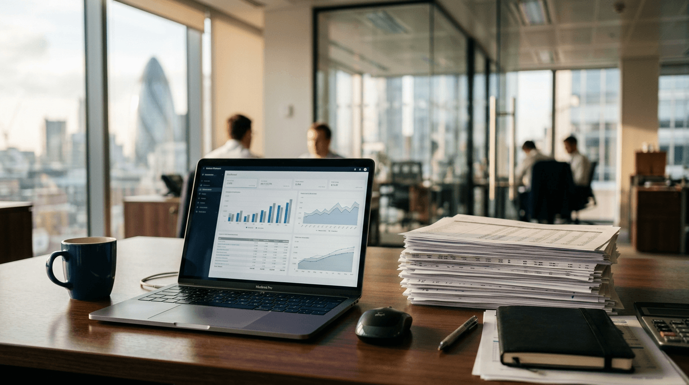 Analyst workspace with charts and documents evoking TCO and add-on line items for API platforms