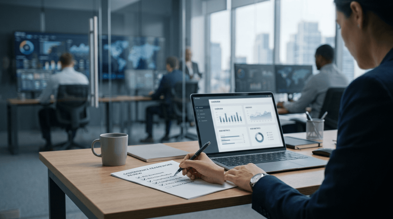 Governance review setting with checklist and laptop suggesting regulated enterprise API oversight