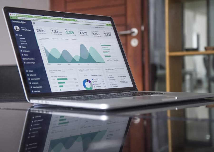 Laptop on a desk with business analytics and charts—illustrating decision points and measurable outcomes